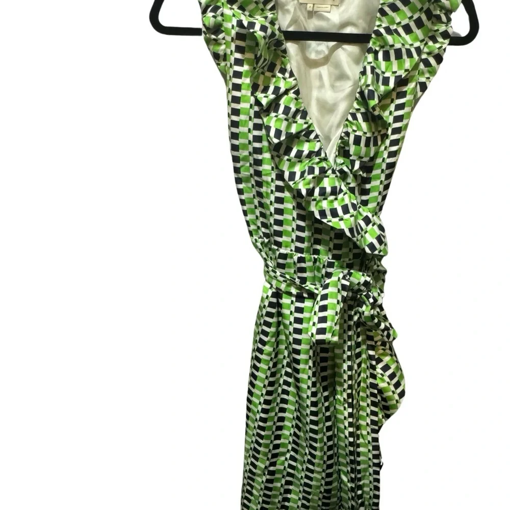 Kate Spade Aubrey Green Navy Silk Ruffled Neck Belted Wrap Dress size 4